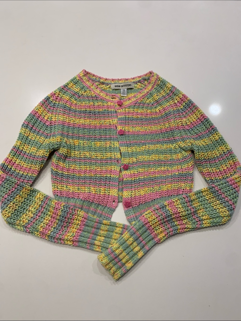 Urban Outfitters Pink Yellow Green Striped Cropped Cardigan